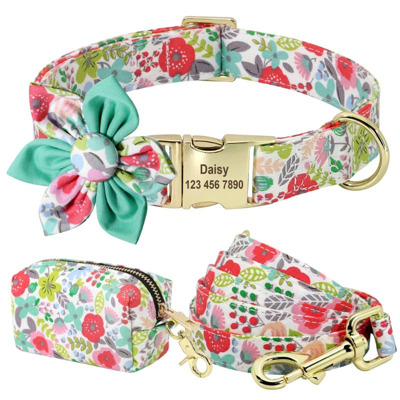 This Floral Garden Dog Collar & Leash matching set that includes a Personalized Dog Collar, Leash & Poop Bag Case