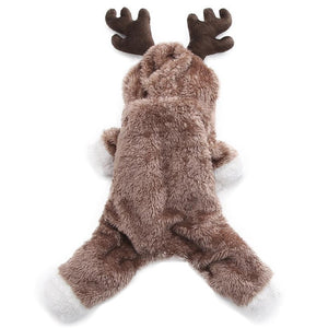 Warm Fleece Christmas Reindeer Dog Jumpsuit is brown and cream. Perfect for cosplay.