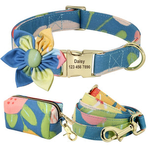 Blue Floral Dog Collar & Leash matching set includes a Personalized Dog Collar, Leash & Poop Bag Case