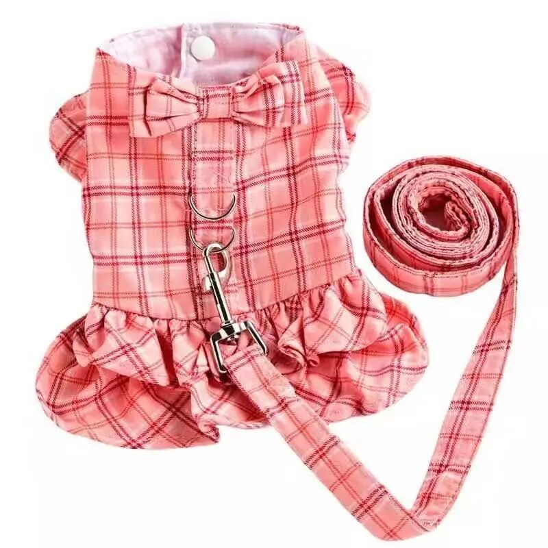 Available in 2 colors, this lightweight Plaid Dog Dress & Leash set from our Spring/Summer collection features a D-ring on the back stylish walks.