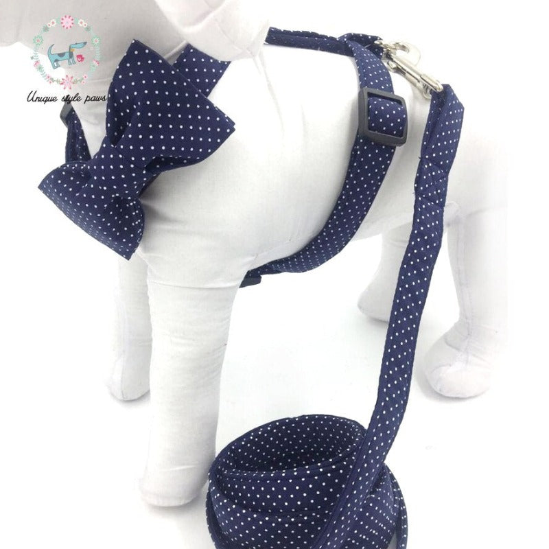 Blue Polka Dot Bow Tie Dog Harness & Leash Set fits small, medium and large dogs.