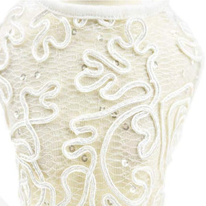 Luxurious White Lace Dog Wedding Dress is adorned with sheer lace and bling sequins.