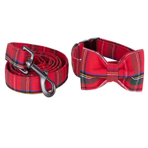 This red plaid bow tie collar set fits small, medium or large dogs.