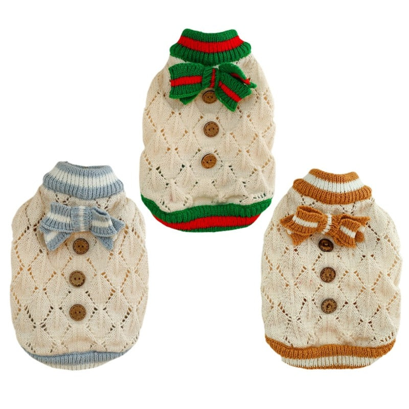 Keep your dog cozy with these sweet Wooden Button Knit Dog Sweaters. Available in 3 colors, this stylish sweater comes in XS-2XL for small dogs.