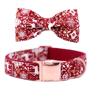 Red Christmas Reindeer Bow Tie Dog Collar & Leash | Personalized Free