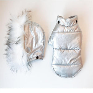 Metallic Faux Fur Hooded Dog Coat has a detachable hood.