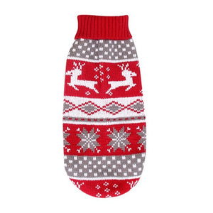 Classic Deer Print Big Dog Sweater is red with white reindeer and gray snowflake patterns.