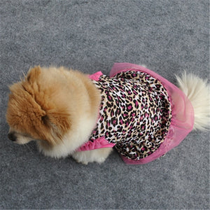 Leopard dog dress with hot pink tulle trim is designed for small dogs.