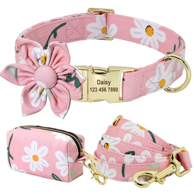 1 X Brand New Olahibi Dog Collar And Leash Set, Pink Daisy Pattern