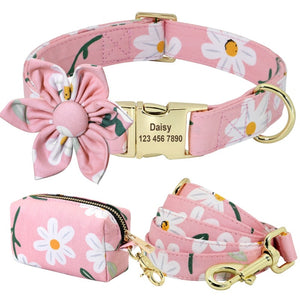 Pink Daisy Flower Collar & Leash Set with Matching Poop Bag Case