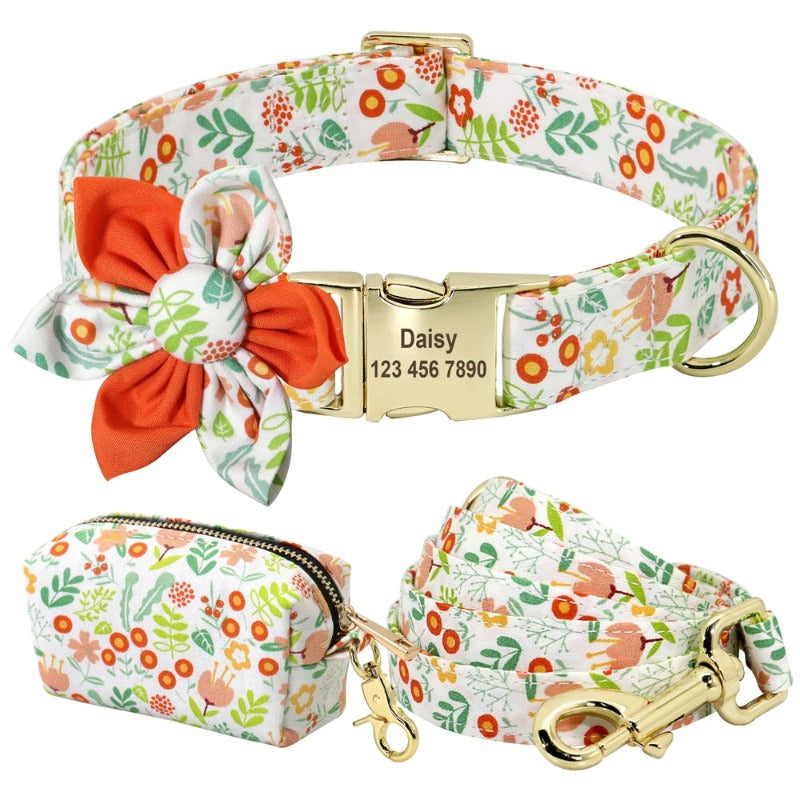 Floral Dog Collar, Leash, Poo Bag Case Set