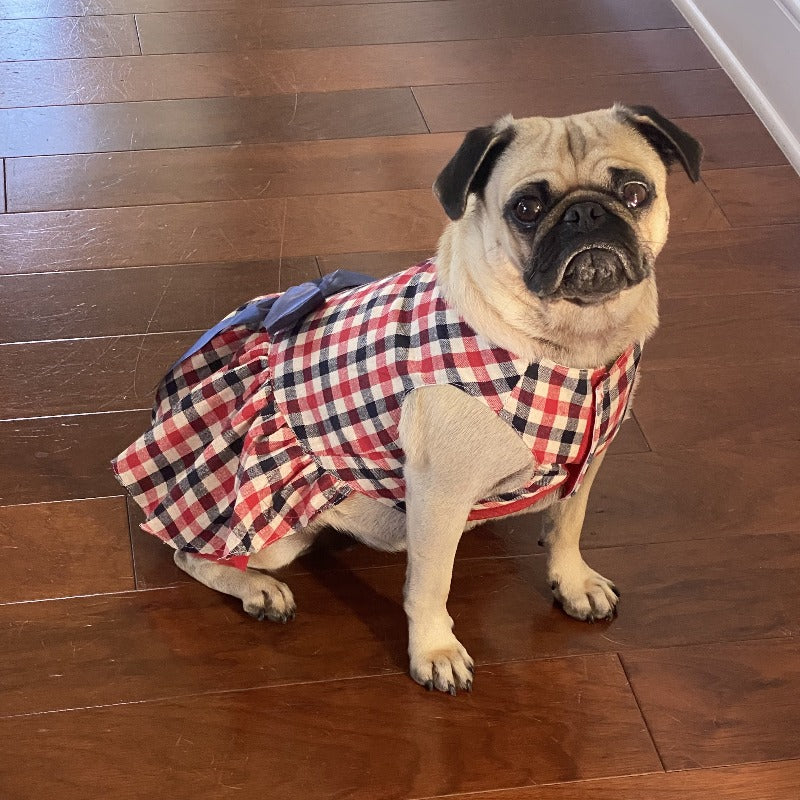 Delight your darling with this Pretty Plaid Dog Party Dress, adorned with a large navy satin bow and red tulle tutu underskirt.