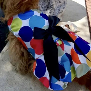 For walking convenience, Confetti Dots Dog Party Dress includes a D ring to attach a leash.