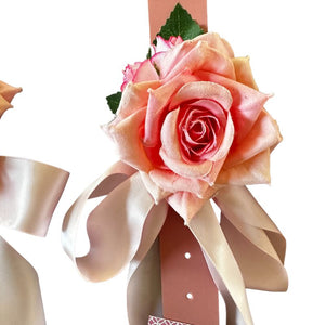 Perfect for weddings, this gorgeous pink rose on a pink leather collar has a light pink satin bow. 