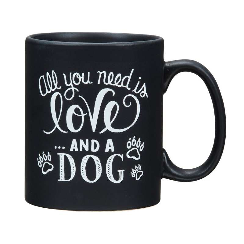 From our Primitives by Kathy collection, this large black stoneware coffee mug lends chalk art designs and "All You Need Is Love… And A Dog" sentiment.