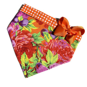 Orange & Pink Flowers Bandana Dog Collar With Bow is handmade in the USA by Chloe & Max.