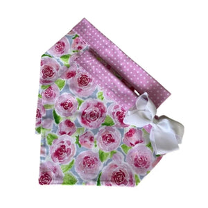 Handmade in the USA by Chloe & Max, this Rose Bandana Collar features pink roses on greyish blue background, with pink polka dot trim and backing. 