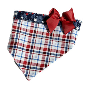 Plaid and Stars Patriotic Bandana Dog Collar is perfect for July 4, Memorial Day and Labor Day celelbrations.