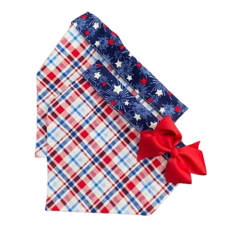 Handmade in the USA by Chloe & Max, this Plaid & Stars Bandana features red, white and blue plaid, with star trim and backing. 