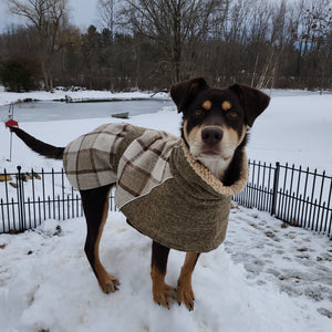 Plaid Hunting Lodge Large Dog Coat is fleece lined for warmth, with an adjustable Velcro waistband for comfort.