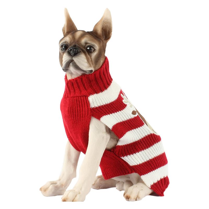 Rudolph Christmas Dog Sweater features red and white stripes and a red nosed reindeer design on the back.