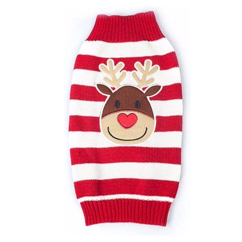 Rudolph Christmas Dog Sweater features red and white stripes and a red nosed reindeer design on the back.