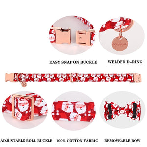 Santa Baby Christmas Dog Collar sets include easy snap-on buckle, welded D-ring, adjustable roll buckle, 100% cotton and removable bow.