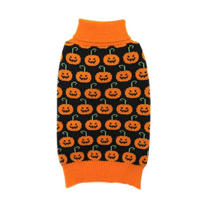 This warm Halloween dog sweater features orange jack-o-lanterns on black fabric with a orange turtleneck and underbelly.