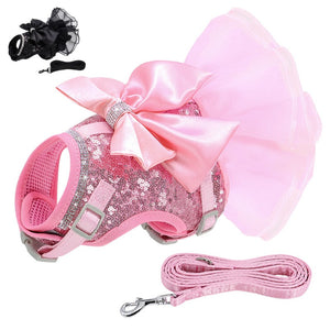 Bling Dog Harness Dress & Leash Set comes in pink or black.