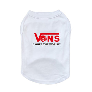 Perfect year-round for an extra thin layer, this cool Vans-Inspired "Woff the World" Dog T-Shirt fits small, medium and large dogs. 