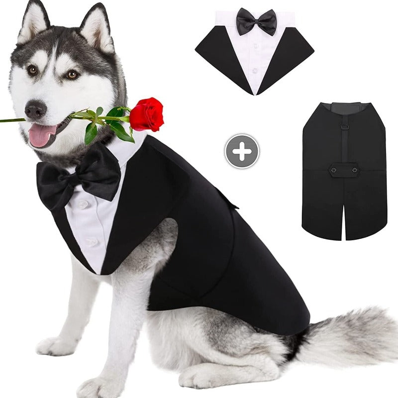 Your pal will look dashing in this luxurious Classic Bow Tie Large Dog Tuxedo, designed for medium and large dogs.