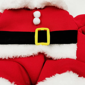 Santa Dog Suit features white fluffy collar and cuff sleeves, and a black belt with gold buckle.