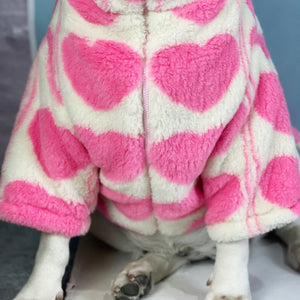 Keep your large pal warm this winter with this Big Dog Pink Heart Zip Fleece Coat