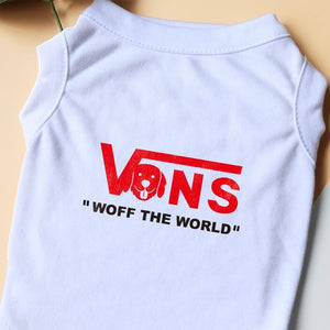 This cool Vans-Inspired "Woff the World" Dog T-Shirt is white with red and black lettering. 