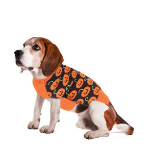 Keep your beagle warm in this warm Halloween dog sweater features orange jack-o-lanterns on black fabric with a orange turtleneck and underbelly.