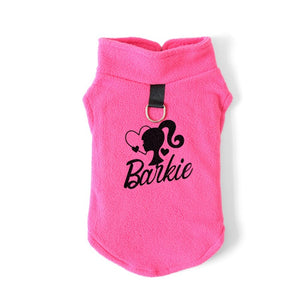 Pink Barbie Parody "Barkie" Girl Dog Polar Fleece with black letters.