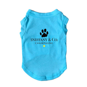 Light blue Tiffany-inspired "Sniffany & Co" Dog T-Shirt fits all size breeds.