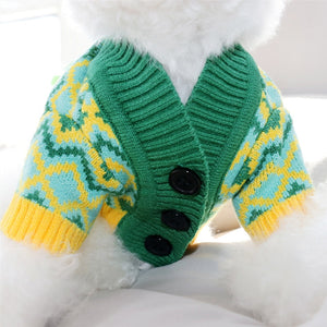 This bright Green & Yellow Zig Zag Button-Down Dog Cardigan features 3 buttons.