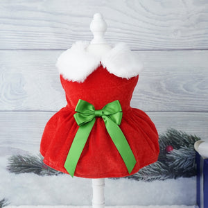 Red Santa Christmas Dog Party Dress features a green satin bow and fits small to medium dogs.
