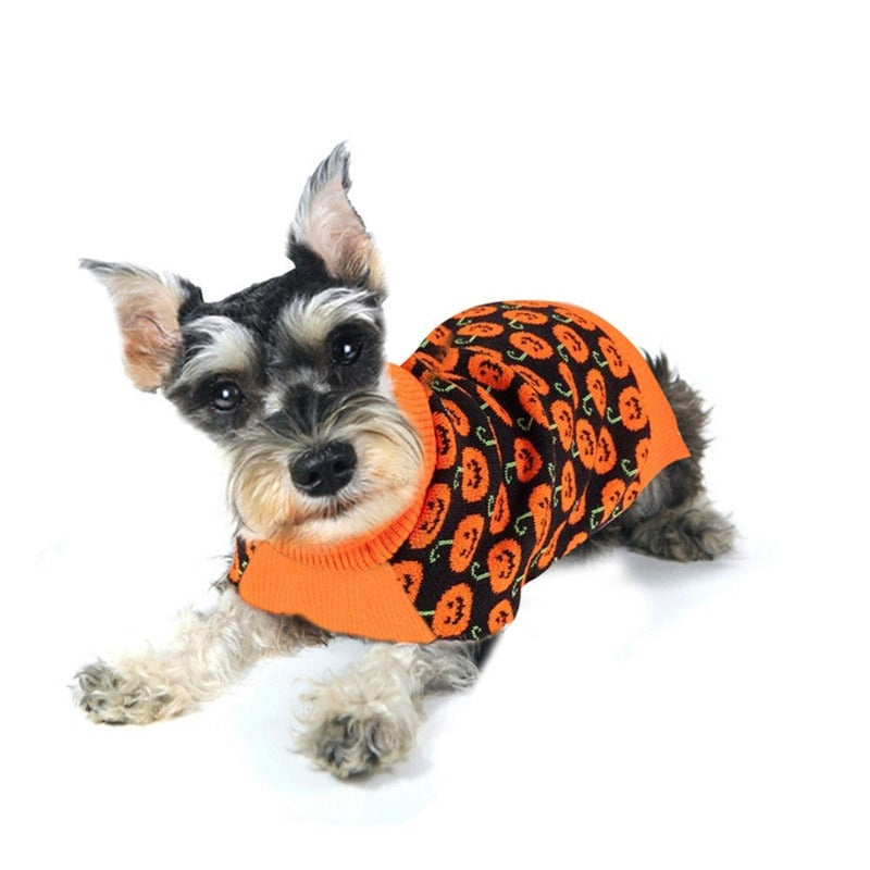 Halloween dog sweater in black and orange with orange pumpkin.