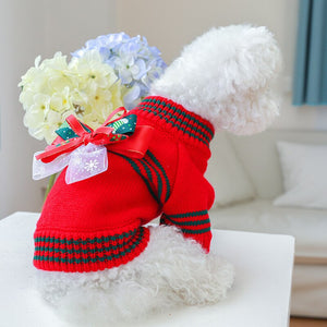 Red Christmas Bow Dog Sweater fits small to medium dogs like Toy Poodle or Maltese.