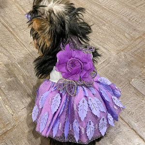 Floral Tulle Tutu Dog Party Dress is adorned with a large flower in the center and leaves sewn onto its tulle tutu skirt. 