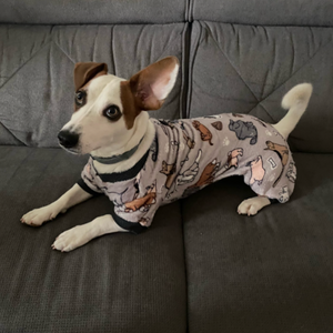 These Gray Doggy Play Onesie dog pajamas are perfect for small- and medium-breed dogs such as Chihuahua, Toy Poodle, Yorkie, Maltese, Cocker Spaniel, Pomeranian.