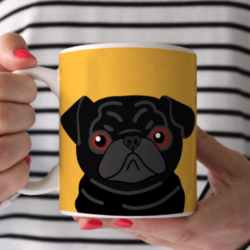 Black Pug on Yellow Ceramic Mug
