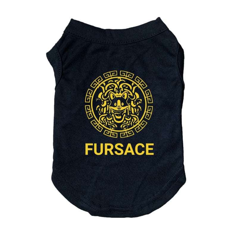 Black Versace-inspired "Fursace" Dog T-shirt with yellow logo with cat face featured at the center.