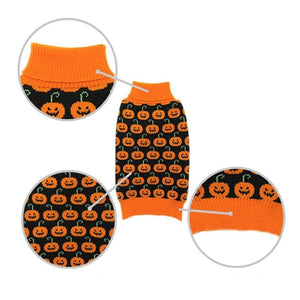 Halloween Pumpkin dog sweater feature an orange turtleneck, black body with orange pumpkins and orange trim.