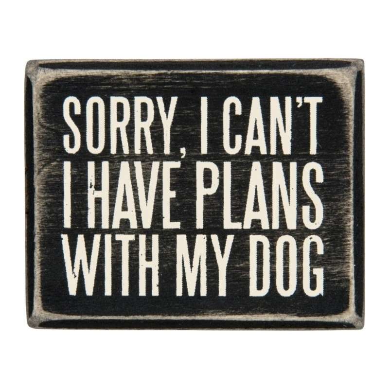 Box Sign - Sorry, I Can't I Have Plans With My Dog in white letters on black sign