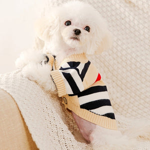 This classy Striped Button-Down Dog Cardigan fits small to medium dogs.