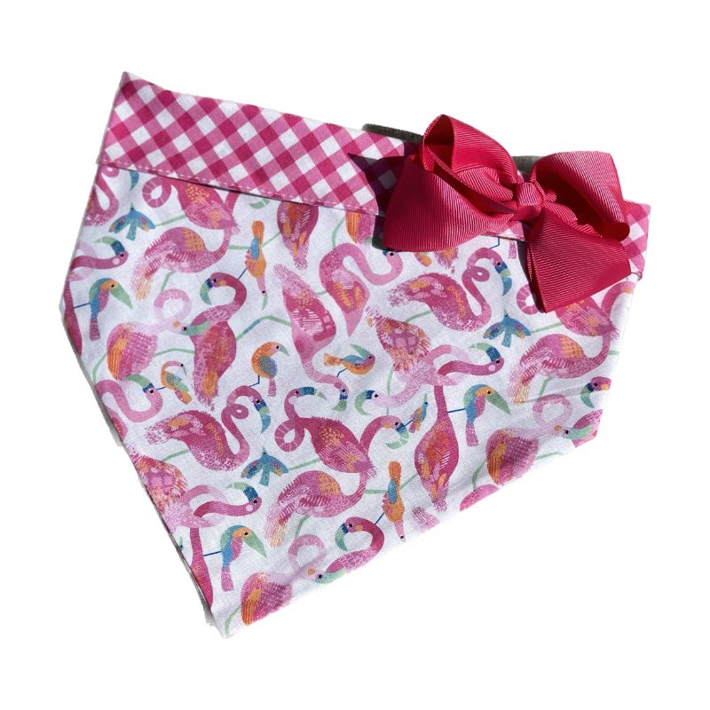 These pink Tropical Flamingo Bandana Collars with Bow are handmade in the USA by Chloe & Max.