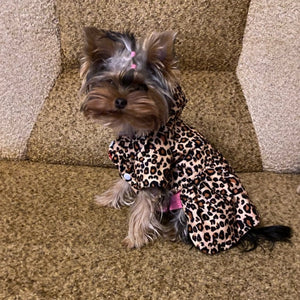 Yorkies look divine in this Reversible Hooded Dog Coat that is leopard on one side and red on the other.